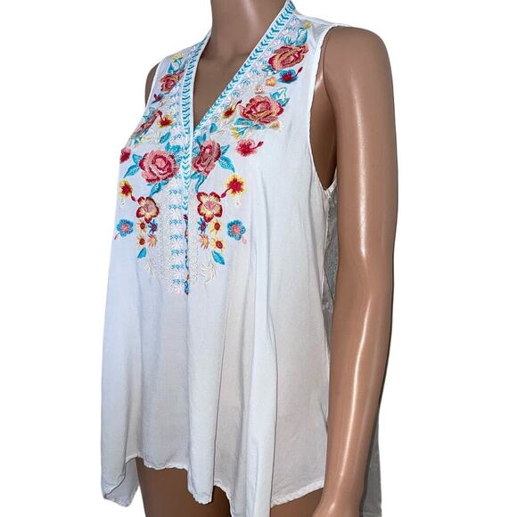 Sweet Jane top blouse embroidered top asymmetrical hem floral mixed media SZ L - Picture 3 of 9